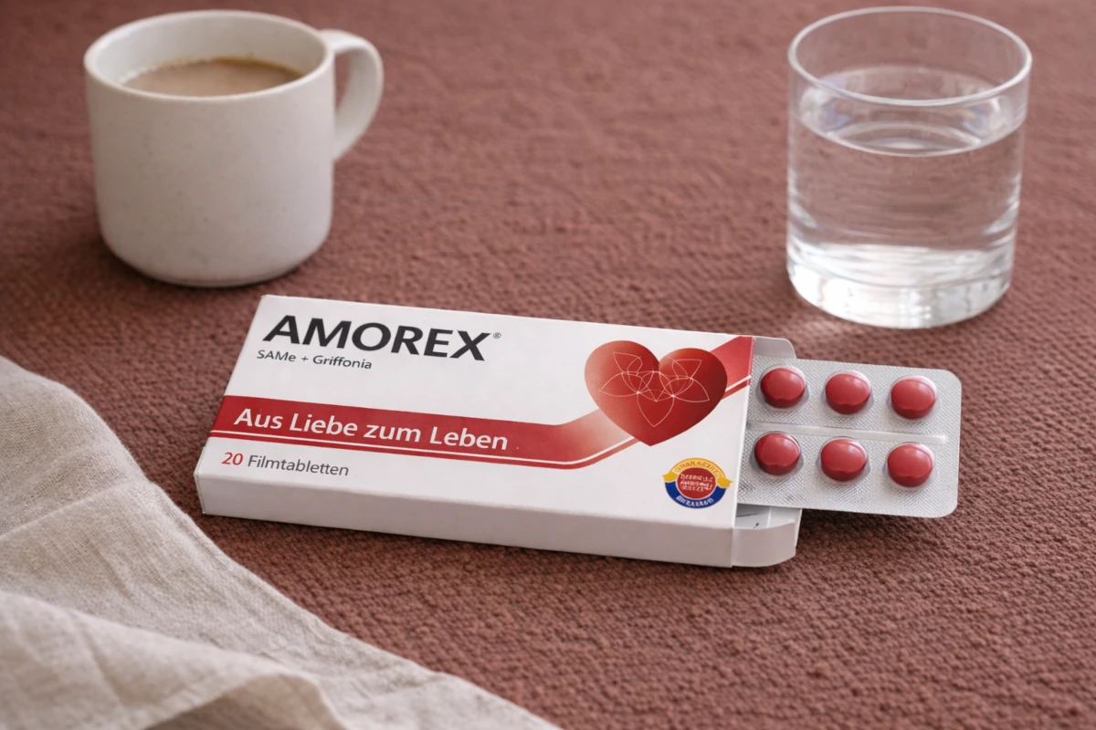 Confezione aperta di Amorex accanto a una tazza di caffè e a un bicchiere d'acqua.