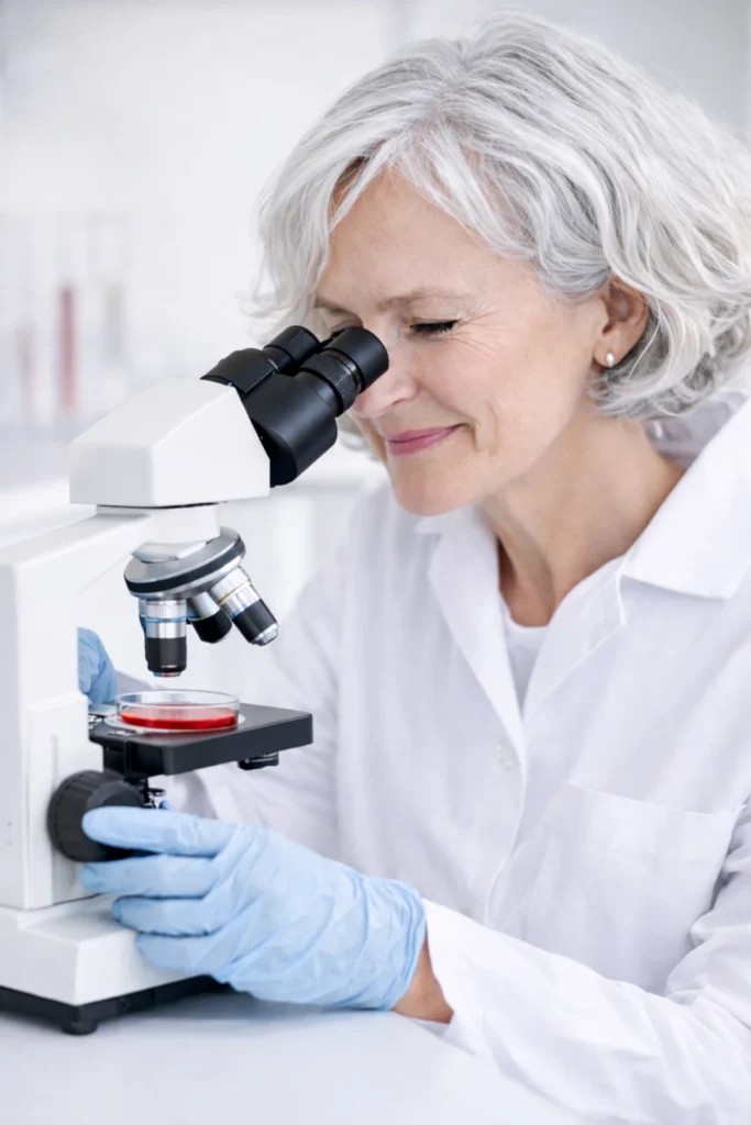 Ricercatrice al microscopio.